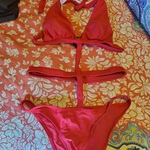 Red strappy halter one piece